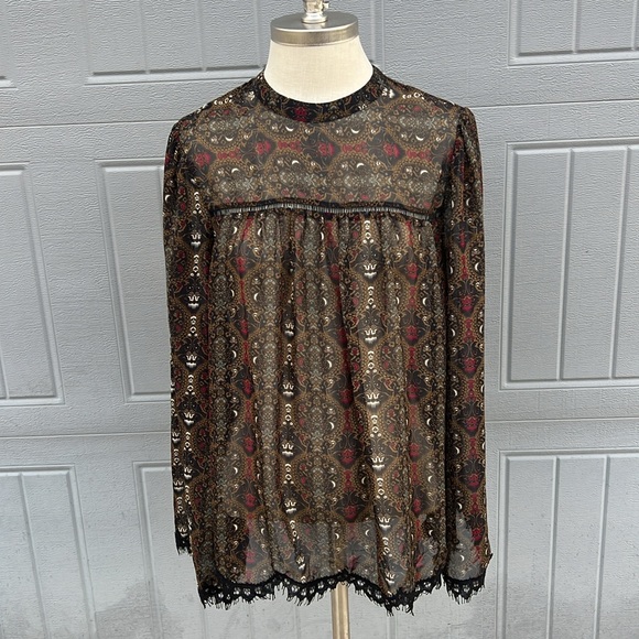 Max Studio Tops - 🎨Max Studio multi color sheer with lace long sleeves bohemian blouse size Large